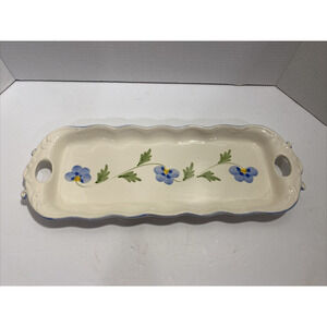 Vintage ELPA Alcobaca Hand-Painted Blue Flower Ceramic Tray 16" x 6", Serveware